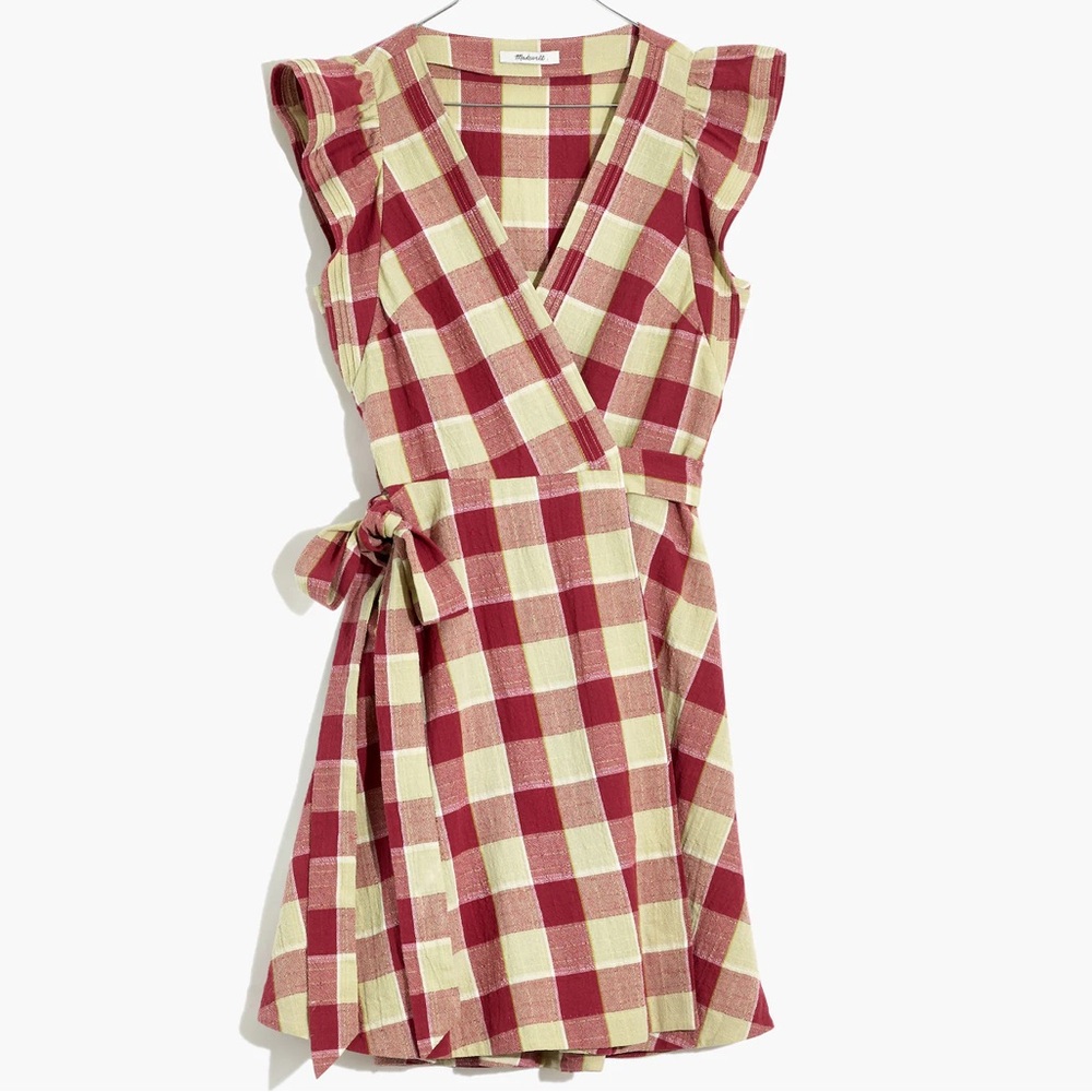 Madewell Red and Cream Gingham Wrap Mini Dress